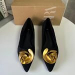 Black Suede Ballet Flats With Metallic Flower Embellishments - Image 2