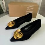 Black Suede Ballet Flats With Metallic Flower Embellishments - Image 3